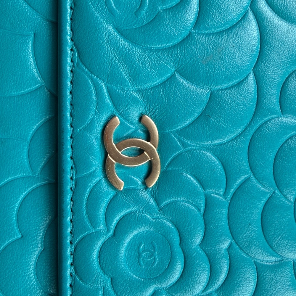 CHANEL Camellia Quilted Leather Wallet in Turquoise Blue